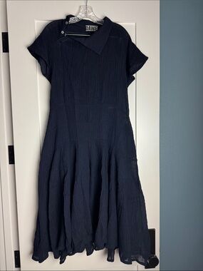 Navy Textured Short-Sleeve Midi Dress